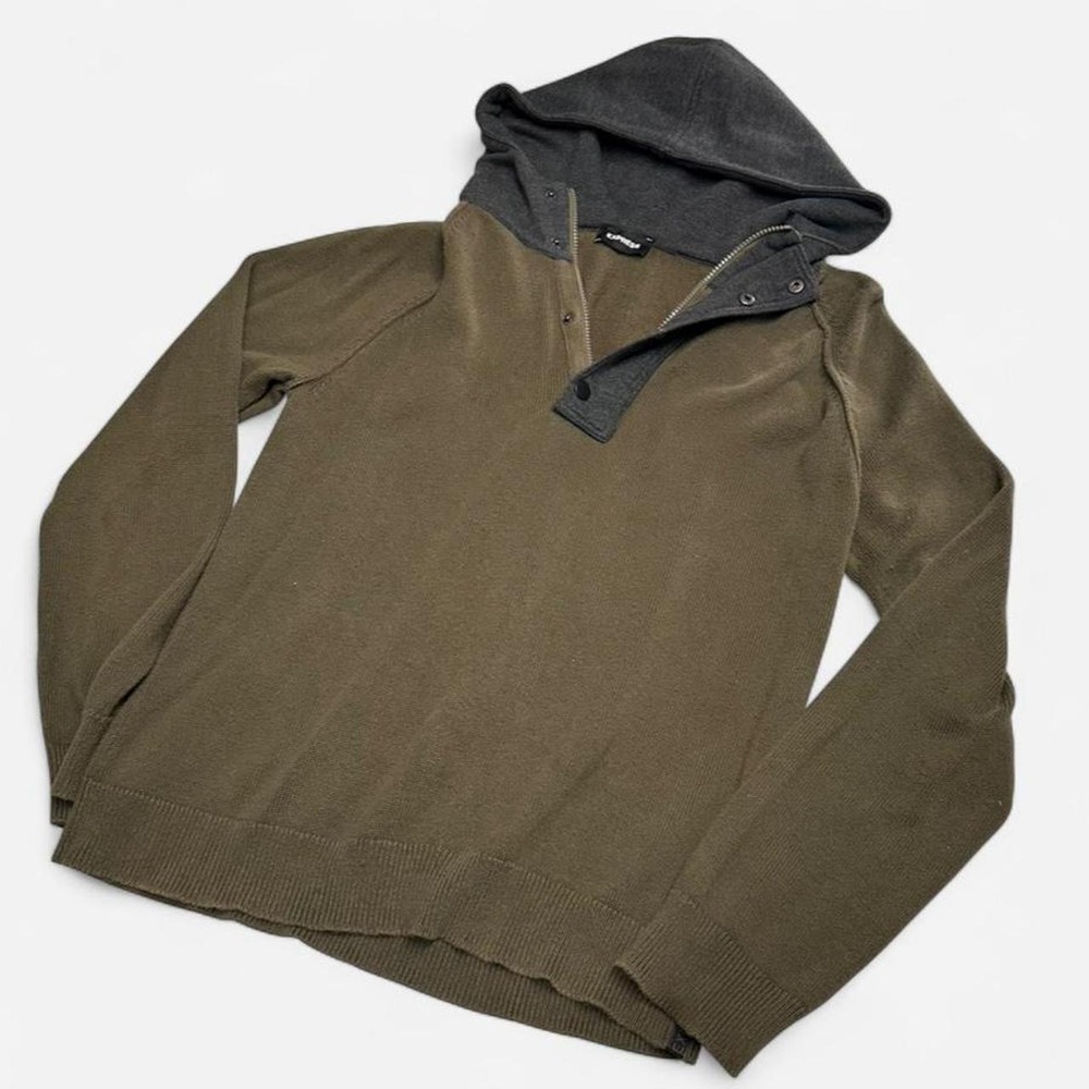 Express Mens Hooded Sweater Olive Green Charcoal Grey Zip Snap Neck Pullover L